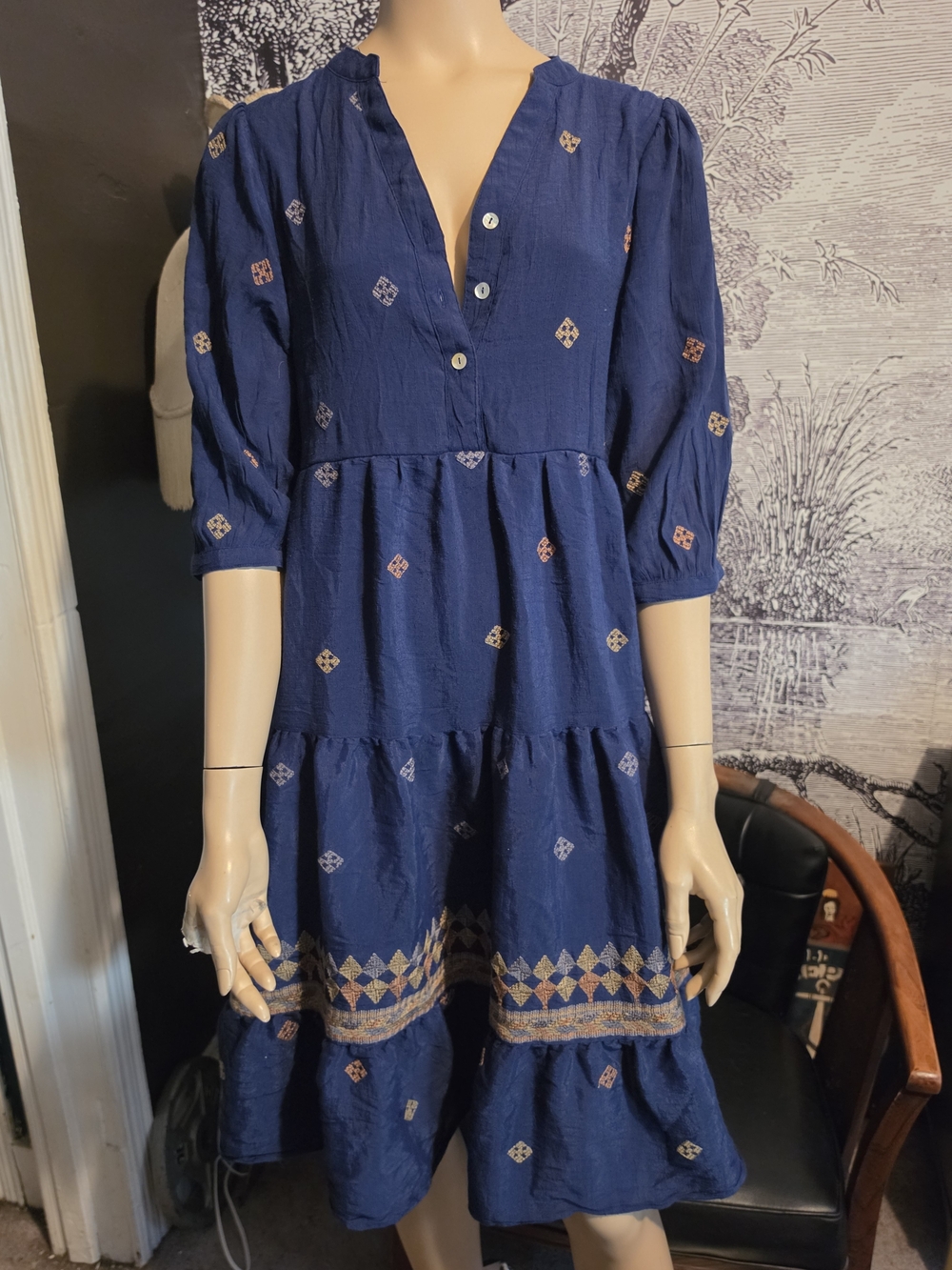 Figueroa & Flower Blue Boho Embroidered Peasant Tiered Dress